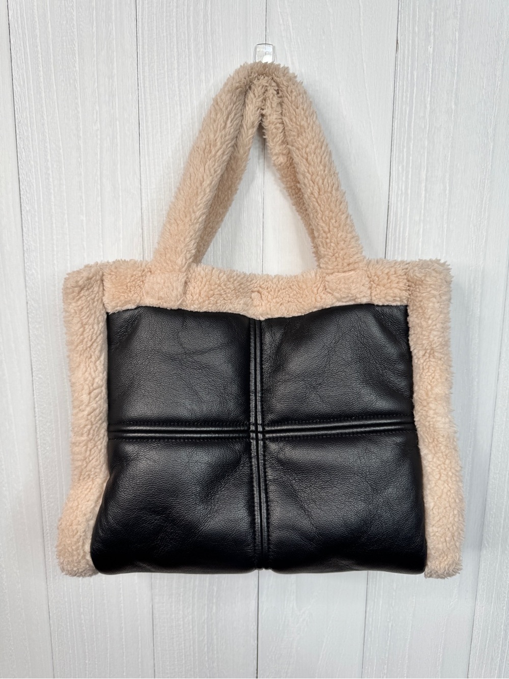 LAMARQUE Zoey Tote Black Faux Leather Shearling Fur Trim Quilted Shoulder Bag